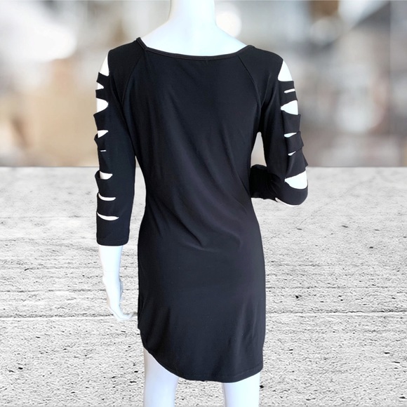 SYMPHONY LASER CUT DISTRESSED BLACK DRESS. SIZE MEDIUM - Picture 3 of 5
